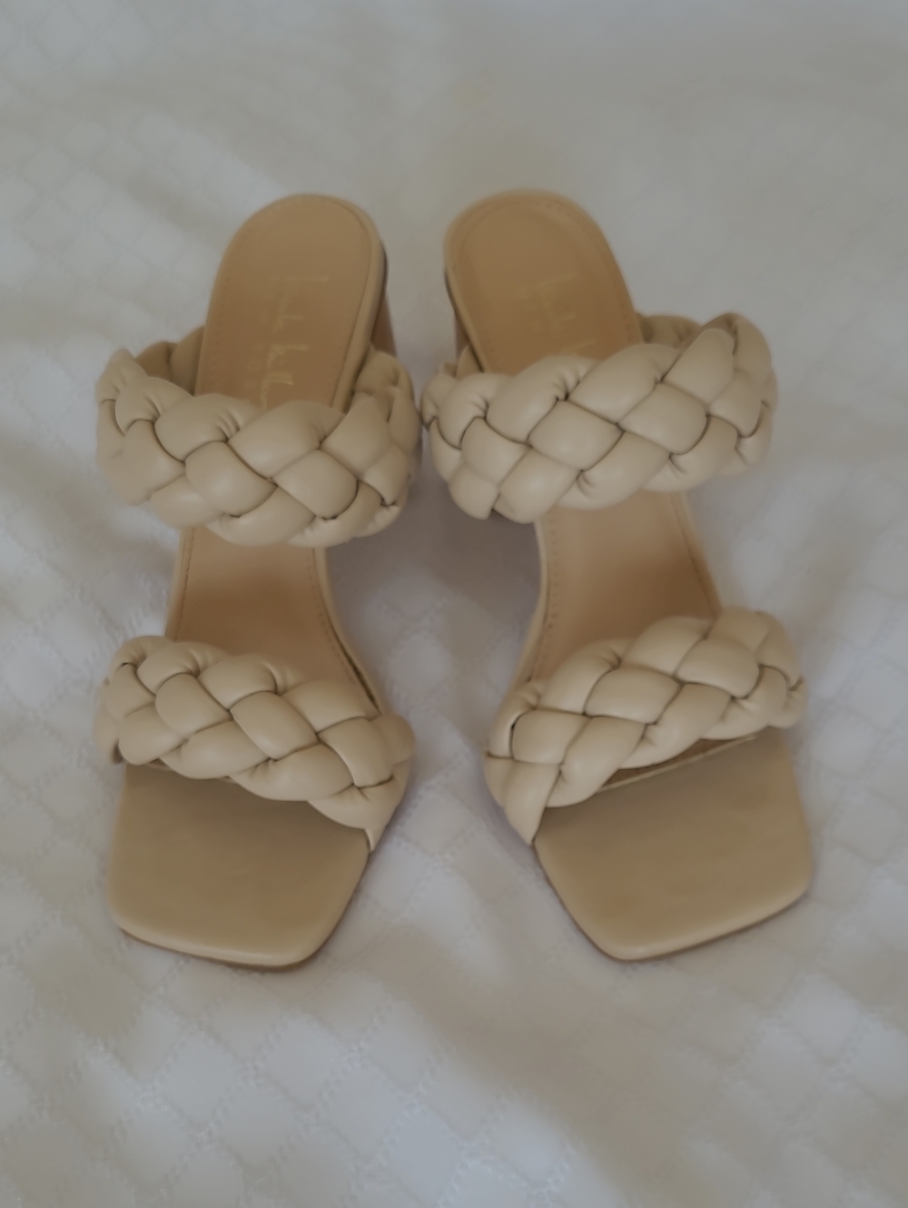 Braided Double-Strap Slide Heels in Beige